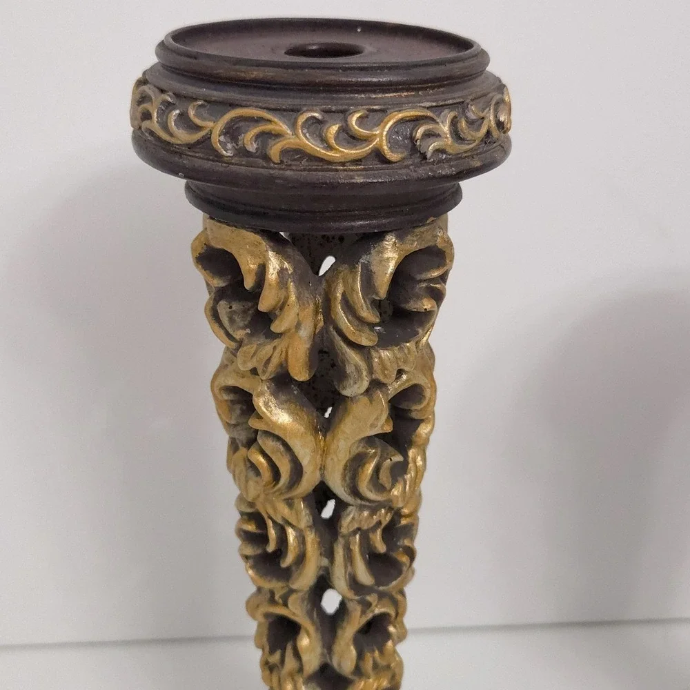 Brown & Gold Ornate Carved Scroll Pillar Candle Holders (Set of 2)